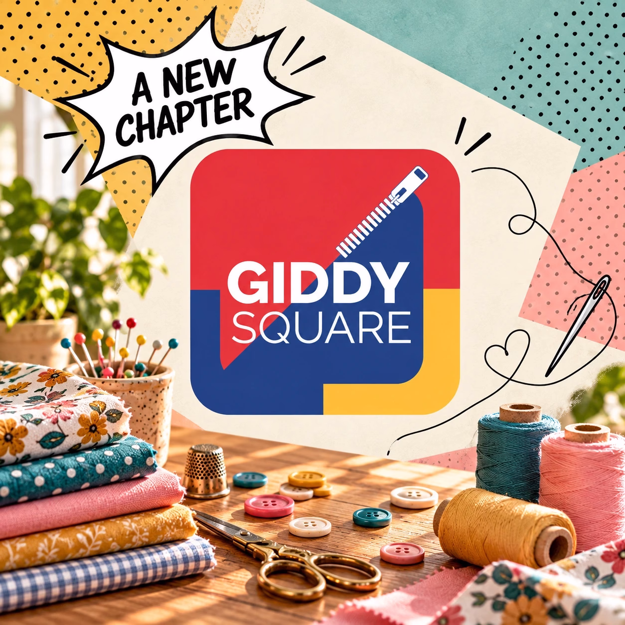 Giddy Square’s red, blue and yellow logo framed by sewing supplies beneath “A new chapter”.